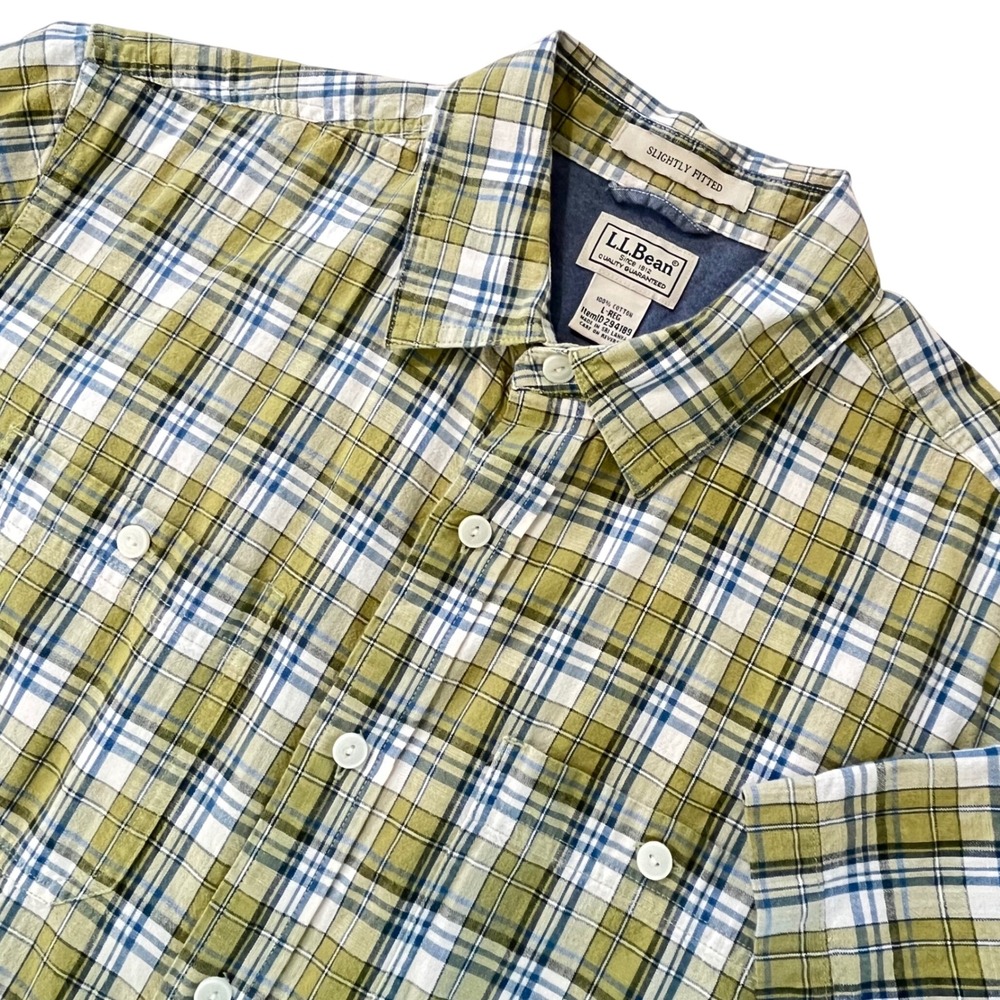 LL Bean Mens Button Down Shirt L Green Blue Plaid Short Sleeve Slightly Fitted
